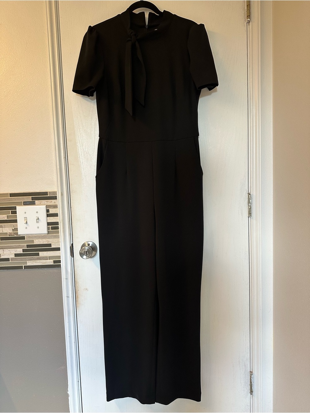 Maggy London Black Short-Sleeve Jumpsuit with Neck Tie